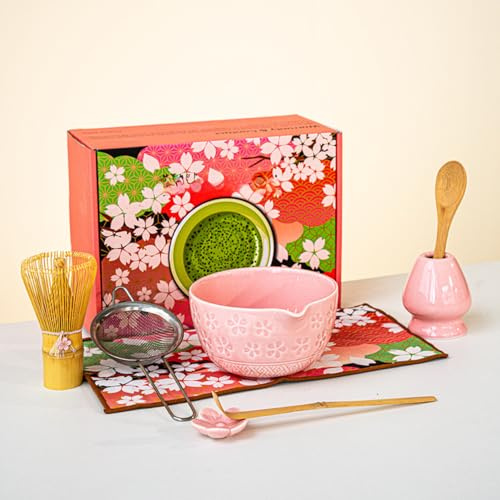 Generico Set da tè al matcha stile giapponese di fascia alta con tema ciliegio in fiore ciotola ceramica lavorata bordo smalto maculato frusta per qualità elegante regalo confezione squisita