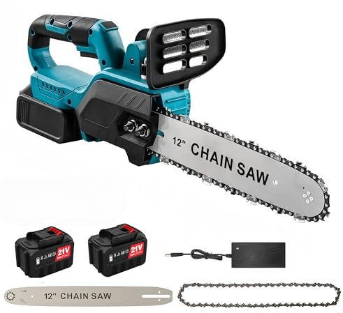 Motosierra Eléctrica 1500W,Motosierra Bateria de 12 Pulgadas con 2 Baterías, Longitud de la Barra de 30 Cm, Velocidad de la Cadena de 10 M/S, con Sistema de Lubricación,para Tala y Poda (Azul) (Azul)