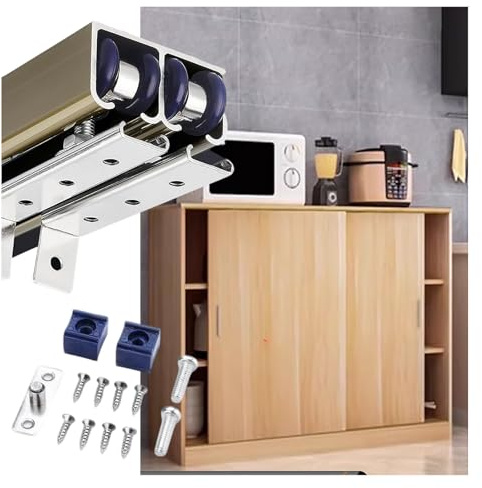 Toppmonterat skjutskåp dörr hårdvarusats 2,2 m aluminiumspår för 0,9 till 2,3 cm träpaneler mini dubbla skjutdörrar med anti-svängning golvguide (champagne)