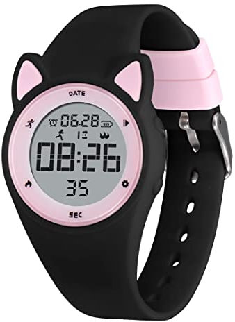 aswan watch Digital klocka för barn med stegräknare, kalorier och avstånd utan app, väckarklocka, stoppur, datum, ljus - flicka pojke armbandsur med silikonband, 35-svart rosa, Vardaglig