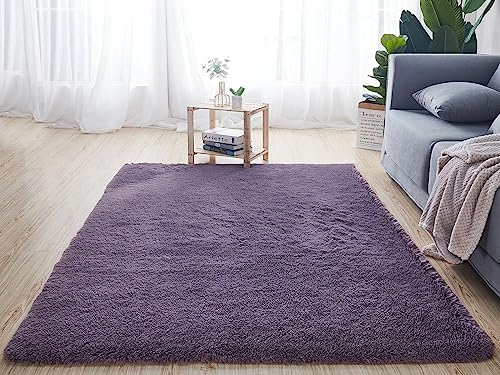 Reyox Shaggy Teppich Hochflor Langflor, Teppiche Uni Farben rutschfest Pflegeleicht für Wohnzimmer Schlafzimmer Bettvorleger Grau Violett 100 x 160 cm