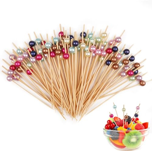 100 Stück Zahnstocher, Cocktail Zubehör, Holzspieße, Cocktailspieße Deko, Spieße Fingerfood, Zahnstocher Holz, Buffet Zubehör, Spiesse für Snacks Fingerfood Partys (Gemischt Farbige Perlen)