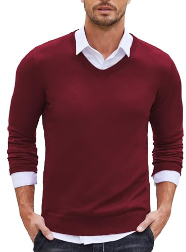 COOFANDY Men's V Neck Knitted Pullover Long Sleeve Lightweight Jumper V-Neck Classic Winterpullover Solid Color Wine Red M