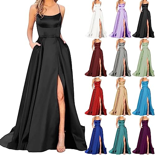 Robe de Soirée en Satin Chic et Élégant, Maxi Longue Fendue Sexy Dos Nu Spaghettisangle, Couleur Unie Swing pour Bal, Mariage, Cocktail Party