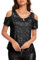 DRESSTELLS Pailletten Oberteil Damen Schwarz Glitzer Shirt Schulterfreies Metallic Top Elegant Festliche Blusen Sommer Party Outfit Schwarz XL