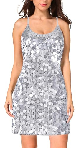 MANER Women's Glitter Contrast Sequin Dress Adjustable Spaghetti Strap Sparkle Party Coin Dresses (Big Silver, Large)