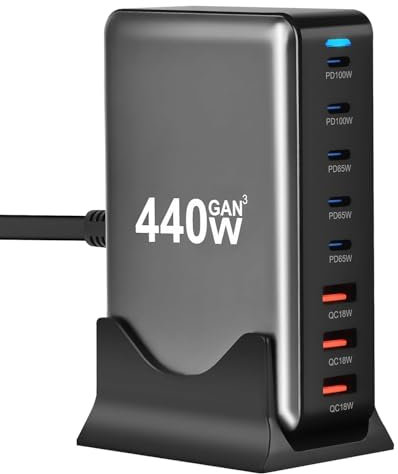 Stazione di Ricarica Rapida 8-in-1 da 440W con 5 USB C e 3 USB A, Stazione di Ricarica con Tecnologia GaN III e PD 3.0, Caricatore Doppio PD100W per Laptop, Compatibile con MacBook Pro/Air/iPad/iPhone