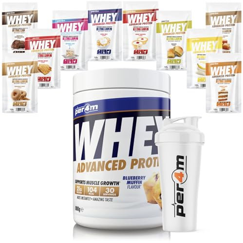 Per4m Whey Protein Shake Powder, Shaker and Sachets | Low Sugar Gluten Free | with 5 Mixed Flavour Sachets & Shaker (900g, Blueberry Muffin)