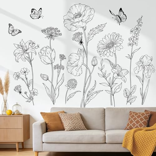 wondever Stickers Muraux Floral Noir Autocollants Muraux Coquelicots | Décoration Murale Peel & Stick, Décoration Chambre Salon Salle de Bains, Couleurs Vives et Nettes, Stickers Murals Amovible