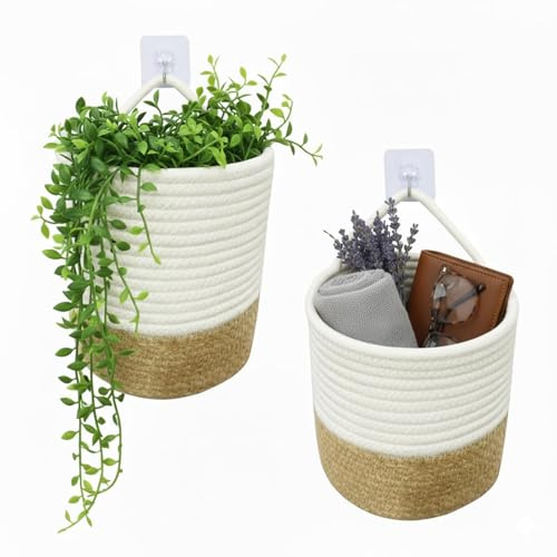 danpinera wall baskets, 2 Pack hanging storage baskets Made of Cotton | Wall basket with Handle, hanging storage baskets suitable for Kitchen, Living Room, Nursery & Bathroom, 17 x 20 cm