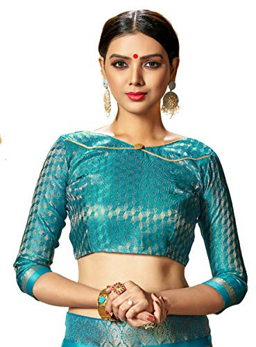 Elina fashion Teal Gold V-Neck Blouse for Women, Brocade Fabric, Short Sleeves Ethnic Wear for Weddings Festivals(M-38_Teal)