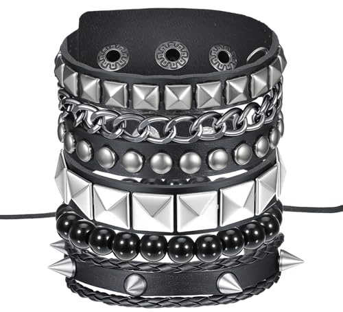 Ajcotahm 4 PCS Studded Bracelet, Punk Rock Bracelets, Emo Spike Bracelets Leather Snap Button Metal 80s Wristband Cuff Wrap Bangle Adjustable for Men Women Rocker Outfits Accessories