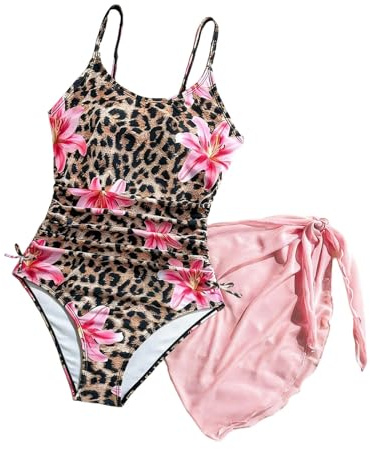 Maillot de bain bikini pour fille avec motif léopard floral, composé d'un haut tankini à coupe haute et d'une jupe à volants pour la plage