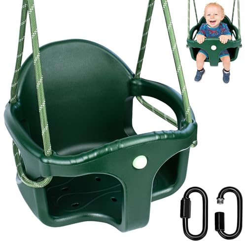Columpio para bebé, columpio para exteriores, respaldo alto, carcasa de plástico, asiento con cuerda ajustable de 1,3 – 2 m y 2 mosquetones, columpio de jardín para niños que crece en crecimiento