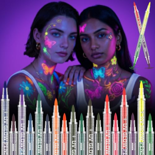 HOTUT Glow in The Dark Face Paint Markers,18 Colors UV Neon Pens Makeup Kit | Glow in Dark Body Painting Under UV Light,Waterproof & Skin-Safe,Washable,for Halloween, Music Festivals Parties
