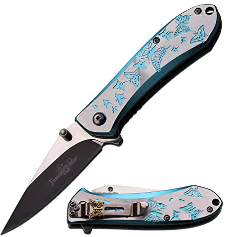 Femme Fatale Folding Pocket Knife, Stainless Steel Reverse Blade, Aluminum Handle (Blue Butterfly)