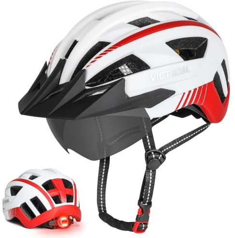 VICTGOAL Fahrradhelm mit Visier Mountainbike Helm mit magnetischem Brille Abnehmbarer Visier, Rennradhelm mit LED Rücklicht Größe M/L/XL für Erwachsenen Herren Damen (WH-UK, L: 57-61cm)