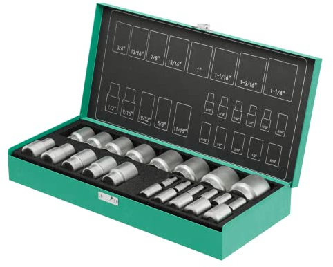 Juego de llaves de vaso de 1/4 y 1/2 pulgadas 24pzs de WIESEMANN 1893 I Insertos de vaso en tamaños de 5/32-9/16 pulgadas I De la serie ENCORE I Con una práctica caja de herramientas I 81512