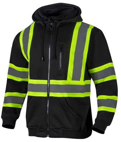 VENDACE High Visibility ANSI Class 1 Reflective Safety Fleece Sweatshirt Hoodie for Men with Detachable Hood(Black,3XL)