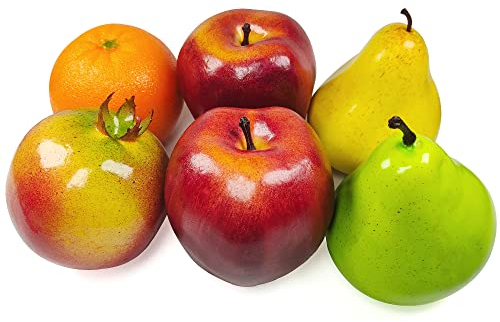 Laiiqi 6 Stück künstliche Früchte, künstliche Früchte für dekorative, realistische rote Apfelsimulation, grün, gelb, Birnen-Display-Obst-Set, künstliche Granatapfel-Orangen-Requisiten-Frucht