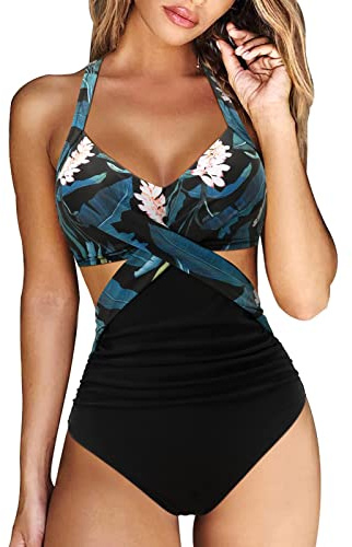 Maillot De Bain Femme 1 Pieces Amincissant,Elégant Maillot de Bain Vintage 1 Pièce Taille Haute Amincissant Couleur Unie Dos Nu Push Up Rembourré Monokini Maillots Ventre Plat