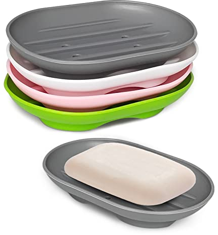 4 Stück Silikon Seifenschale, Ovale Seifenschale Silikon mit Ablauf, Seifenablage rutschfest und Robust für Badezimmer,Hält Seife Trocken und Sauber(Grau, weiß, rosa und grün)