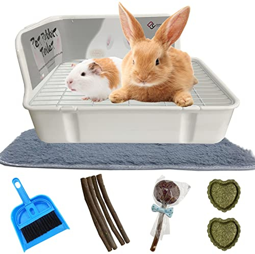 MUYG Rabbit Litter Box for Cage Corner Bunny Toilet Small Animal Potty Training with Dustpan Broom Chew Toys for Chinchilla Ferret Hedgehog Gerbil (10 Pcs)