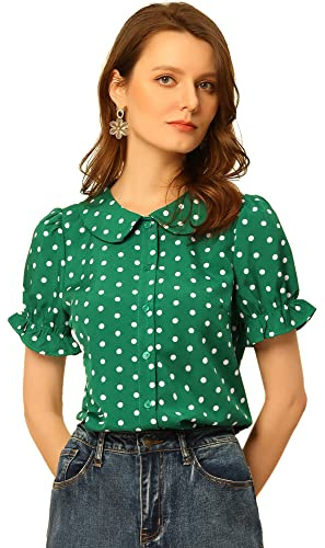 Allegra K Women's Polka Dots Puff Sleeve Button Up Peter Pan Collar Shirt | Peter Pan Collar, Round Neck, Short Sleeve, Elastic Cuff with Ruffle Trim, Full Placket, 1950s Vintage