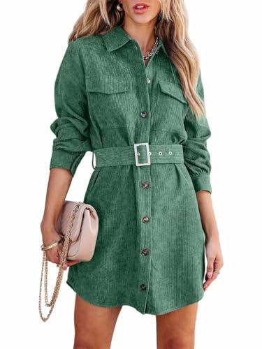 seiveini Robe Chemise en Velours Côtelé Femme Robes Tunique avec Ceinture Automne Hiver Elegante A Vert M