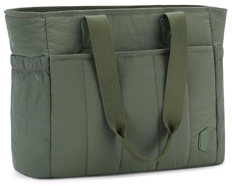 VASCHY Bolso Acolchado Mujer Grande Ultraligero Impermeable con Compartimento Portátil y Libros Tote Shopper Bandolera para Universidad Viaje Trabajo y Playa,Verde