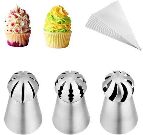 Kasmoire 3Pcs/set Ball Russian Piping Tips,Stainless Steel Russian Piping Tips with 10Pcs Disposable Piping Bags,Cake Icing Nozzles Flower Cake Decorating Tips Kit For Baking