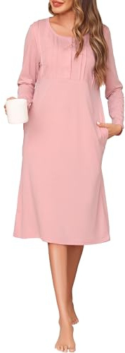 Wikoan Camisones para Mujer Algodón Ropa De Dormir para Mujer Cuello en Redondo de Dormir con Bolsillos Rosa,M