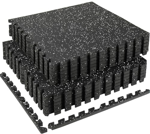 HIAARO 0.56in Thick 48 Sq Ft Exercise Equipment Mats, 12 Tiles Rubber Top EVA Foam Workout Mats, Interlocking Gym Flooring for Home Gym, 24 x 24in, Black & White