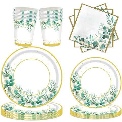 Vaisselle de Fête pour 24 Invités - 96 Pièces Assiette Anniversaire en Vert avec Gobelet et Serviette en Papier - Pour Mariages