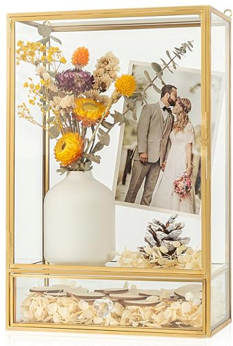 Shadow Box Frame, 3.5 Deep Wedding Shadow Boxes Display Case with Drawer, Glass Gold Shadow Memory Box for Picture, Wedding Bouquet, Pet Memorial and Keepsakes