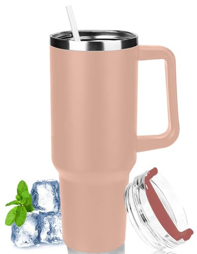 LOITTAINUE Gobelet isotherme de 1180 ml avec paille et anse - Tasse à café à emporter avec couvercle - Double paroi en acier inoxydable - Portable - Pour boissons froides et chaudes - Kaki