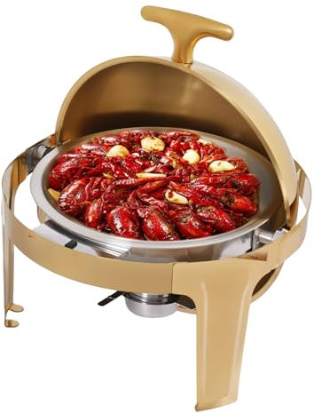 9L Round Chafing Dish Buffet Warmer, Gold Chafer Set with Steel Lid, Glass Food Pan, Water Pan, and Fuel Holders for Buffet, Wedding, Parties, Banquet, Catering Events