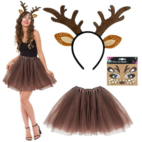 SAIIURV 3 Pieces Reindeer Headband Costume For Women, Halloween Deer Antlers Horns Deer Ears Headband, Deer Face Tattoo Stickers, Adults Princess Tutu Skirt, Women's Animal Costume Fancy Dress Up (3PC