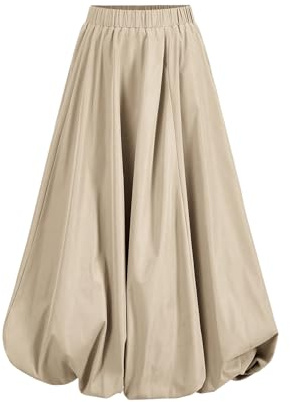 SweatyRocks Women's Y2K Elastic High Waisted Bubble Ruffled Maxi Puff Skirts Khaki Small