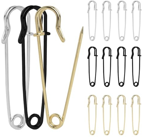 15 PCS Spille da Balia Grandi da 70mm in Metallo, Spille di Sicurezza Extra Large in Argento, Oro e Nero per Pelle, Tela, Coperture e Artigianato