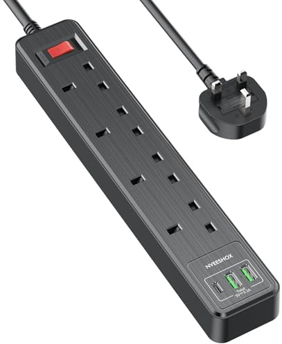 NVEESHOX Black Extension Lead 2M (13A 3250W), 4 Way Outlets Extension Cord, Surge Protected Extension Lead with USB Slots (2 USB-A & 1 USB-C), Multi Plug Extension Sockt, Extension Cable for Home