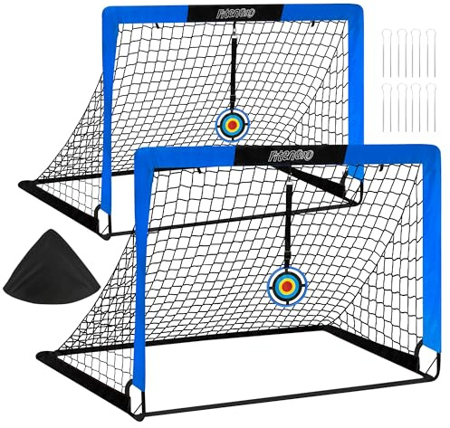 Fitencexu Fotbollsmål barn, pop-up, set om 2 (120 x 90 cm) – inkl. 2 målskivor och bärväska för trädgård/park, förstärkta glasfiberstänger, vikbar och väderbeständig (blå)