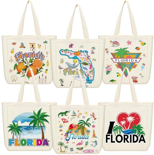 VioraWhite 6 Pcs Florida Canvas Tote Bags Bulk City Souvenir Gifts | Reusable Florida Tote Bags with Handles, Large Canvas Tote Bags for Grocery Shopping Travel Daily Use Party Favors