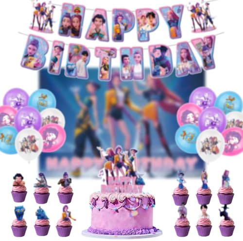 Set Cacciatori di Demoni Festa di Compleanno, K-Pop Hun-ters Decorazione per Compleanno, Cacciatore di Demoni Palloncini Com-pleanno con Palloncini, Decorazioni Torta, Striscione per Bambini e Fan