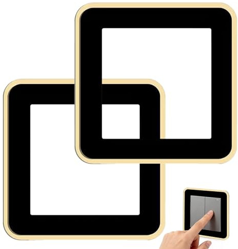 2PCS Acrylic Light Switch Surrounds – Black & Gold Elegant Wall Plate Cover for UK Standard Single 86x86mm Switches – Self-Adhesive Decorative Fingerplate