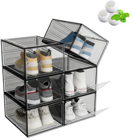 Transparenta skoboxar 10-pack 34 x 27 x 18 cm plast med magnetisk dörr stapelbar förvaringslösning för entré svart färg
