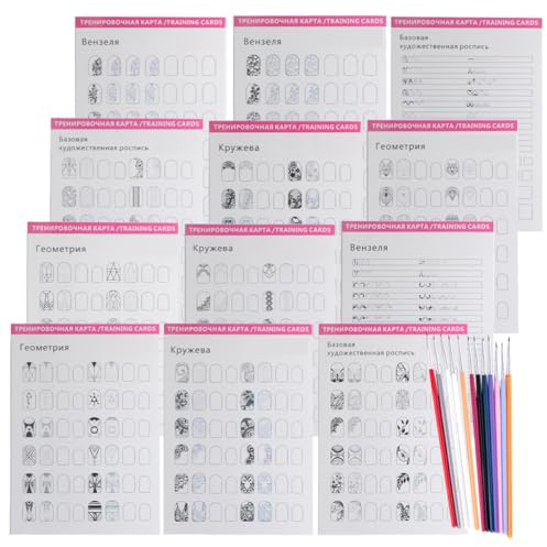 HOOTNEE Herramienta de Manicura Set de 12 en Papel y Madera Plantillas para Practicar Dibujo de Uñas para Principiantes y Profesionales, Adecuado para Arte de Uñas