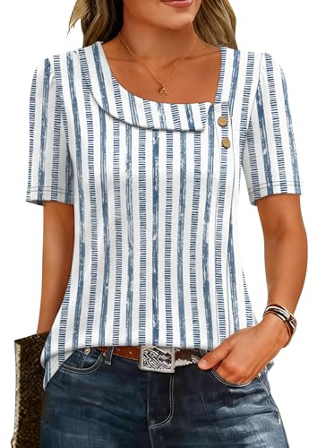 Rapbin Womens Tops Asymmetrical Neck Short Sleeve Button Dressy Tunic | Ladies Summer Blouse Soft Short Sleeve Casual Work Tunic Tops for Wome