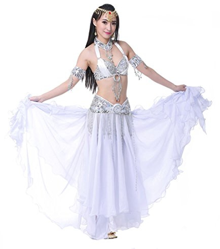 Calcifer Elegante Falda de Danza del Vientre de Gasa Rizada Disfraz Vestido de Baile con Abertura Alta para Mujeres Bailarina Profesional, blanco, M