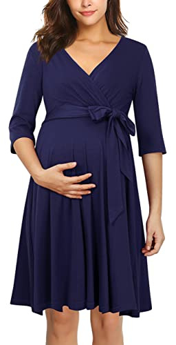 KOJOOIN Womens Maternity Dress Nursing Dresses Pregnancy Dress Breastfeeding Dress 3/4 Sleeve A-line V-Neck Dress Dark Blue-01 L